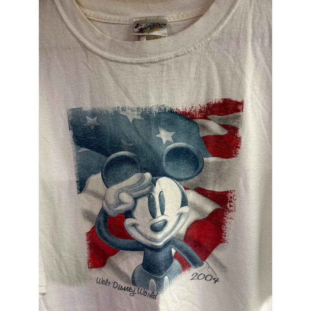 Vintage 2004 Walt Disney World Mickey Mouse American‎ Flag White T-Shirt XL